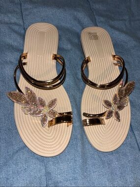 Women's Beige Sandals with Gold Accents and Crystal Floral Detail size 43/ 10us